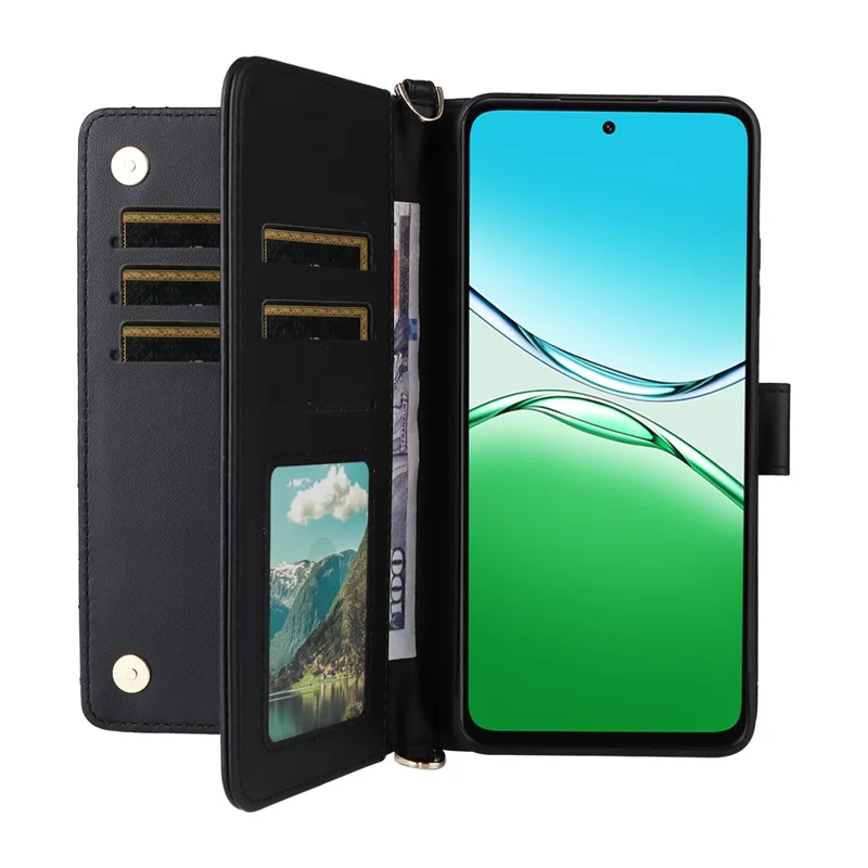 Etui na Oppo A5 5G / 4G / A5m z paskiem na ramię / na nadgarstek, skórzane etui z uchwytem, portfelem - Czarny