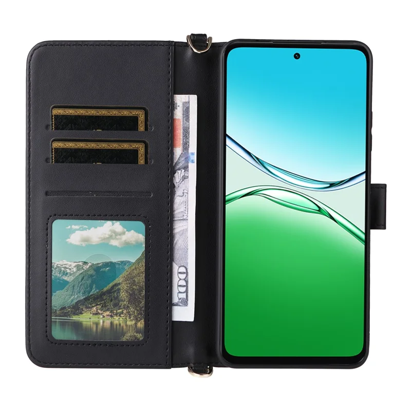 Etui na Oppo A5 5G / 4G / A5m z paskiem na ramię / na nadgarstek, skórzane etui z uchwytem, portfelem - Czarny