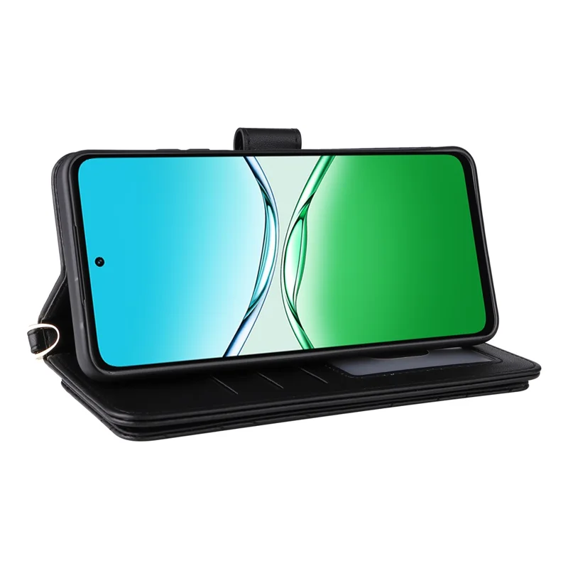 Etui na Oppo A5 5G / 4G / A5m z paskiem na ramię / na nadgarstek, skórzane etui z uchwytem, portfelem - Czarny