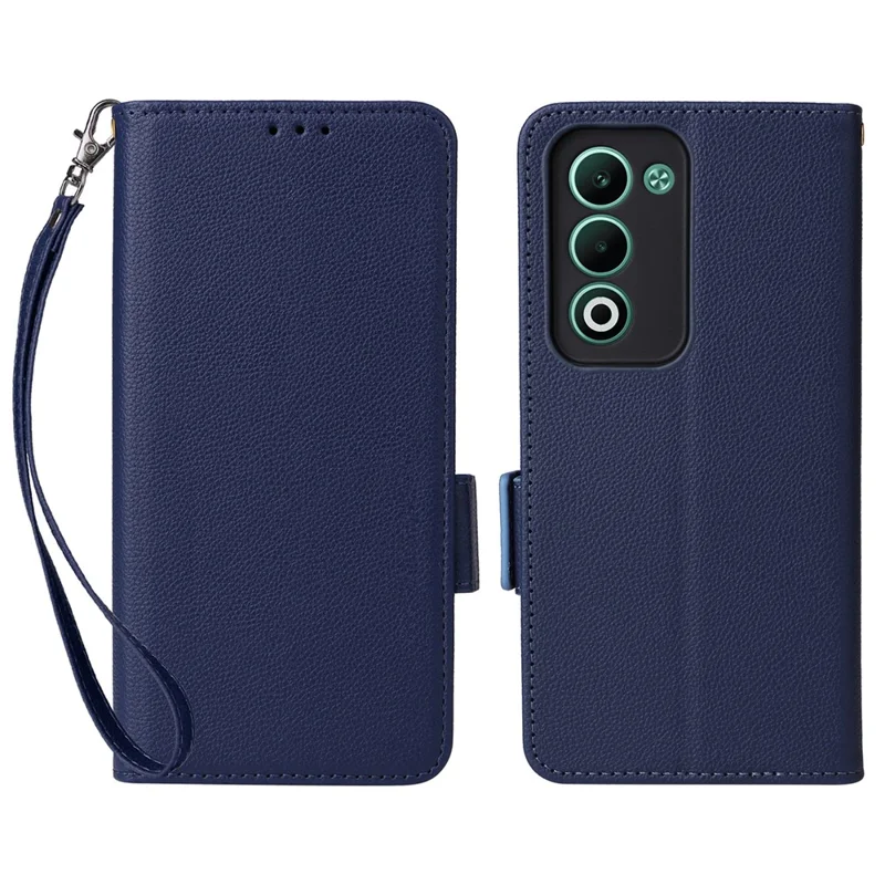Для Oppo A5 5G / 4G / A5m Чехол с ремешком на запястье Текстура личи PU Кожаный бумажник Чехол для телефона - Темно-синий