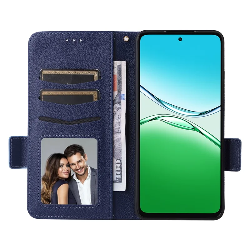 Для Oppo A5 5G / 4G / A5m Чехол с ремешком на запястье Текстура личи PU Кожаный бумажник Чехол для телефона - Темно-синий