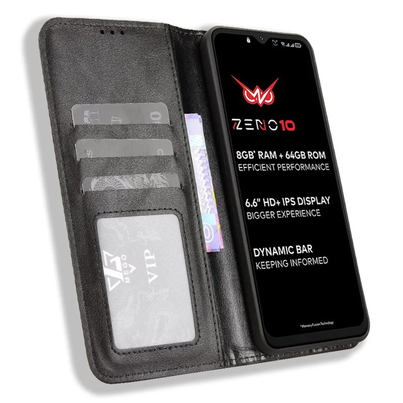 Cover a portafoglio in pelle per itel Zeno 10 4G con supporto e texture retrò - Nero