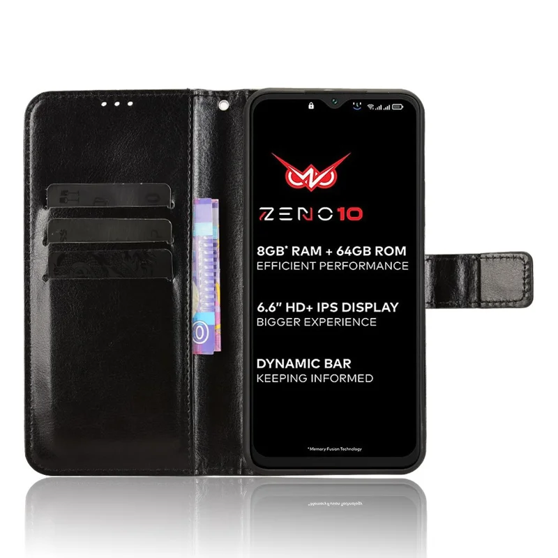 Étui portefeuille en cuir PU avec texture de cheval fou pour itel Zeno 10 4G - Noir