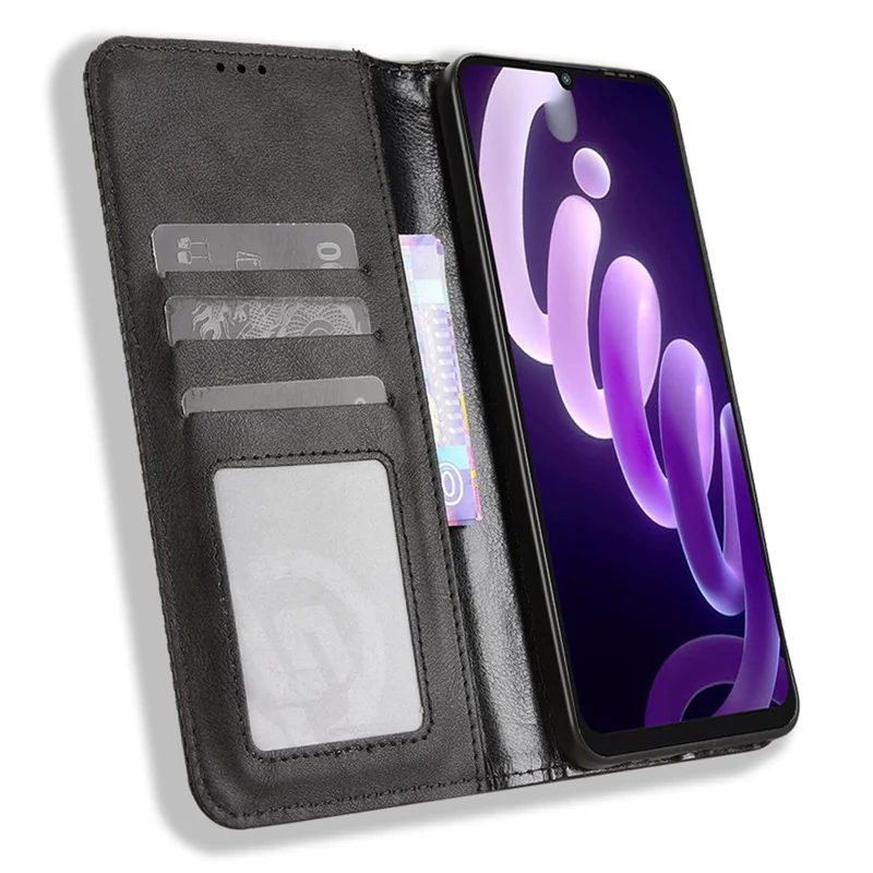 For itel City 100 4G Leather Case Wallet Stand Retro Texture Phone Cover - Black