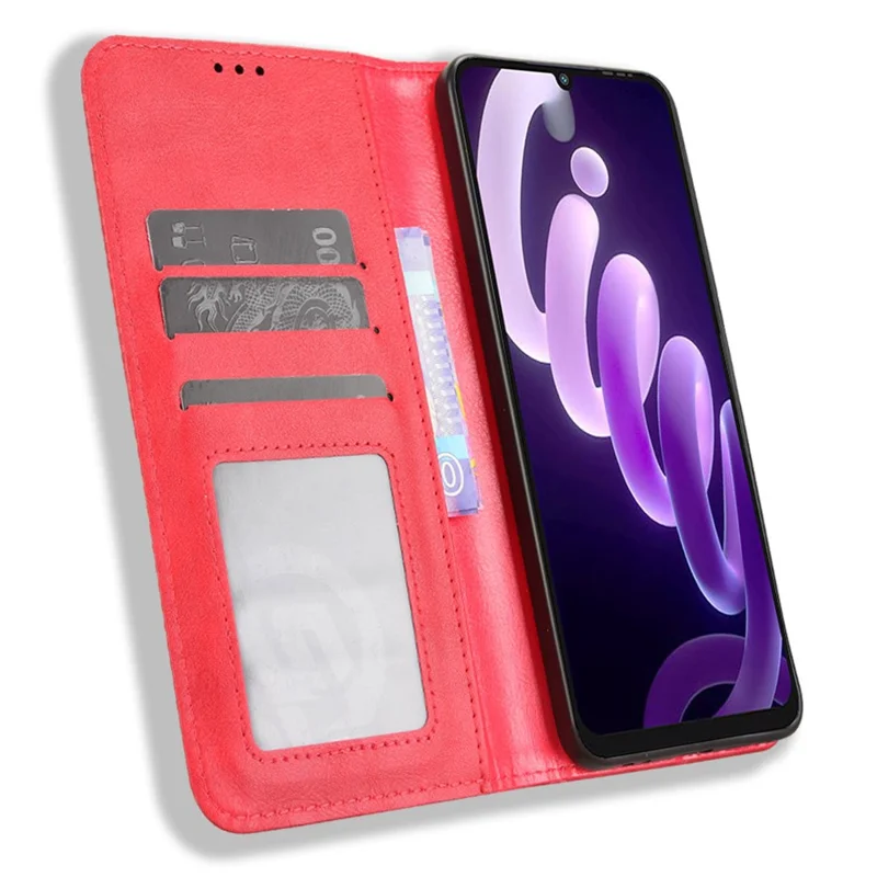 For itel City 100 4G Leather Case Wallet Stand Retro Texture Phone Cover - Red