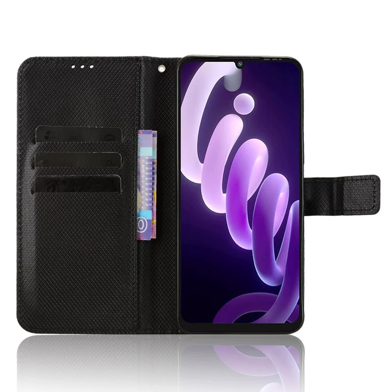 Cover a portafoglio in pelle per itel City 100 4G con cinturino, texture a diamante - Nero