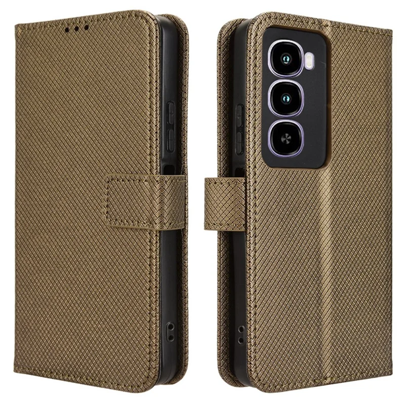 For itel City 100 4G Leather Wallet Case with Strap Diamond Texture Phone Cover - Brown