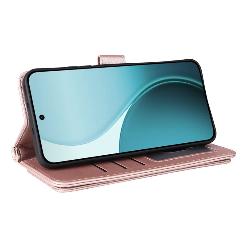 Für Oppo Reno14 5G (Global) Hülle mit Schulter- / Handgelenkband Leder Handyhülle Ständer Brieftasche - Rosa