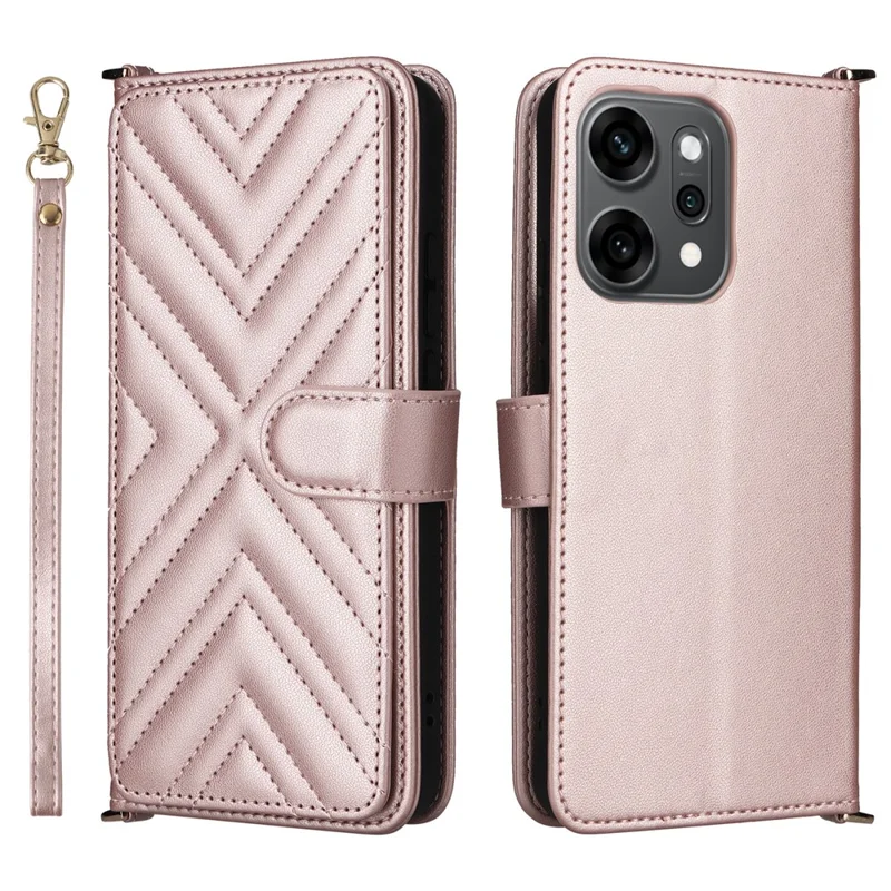Für Oppo Reno14 5G (Global) Hülle mit Schulter- / Handgelenkband Leder Handyhülle Ständer Brieftasche - Rosa