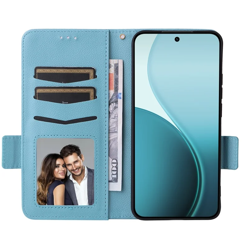 Für Oppo Reno14 5G (Global) Hülle mit Handgelenkriemen Litchi-Textur PU-Leder Brieftasche Handyhülle - Baby Blau