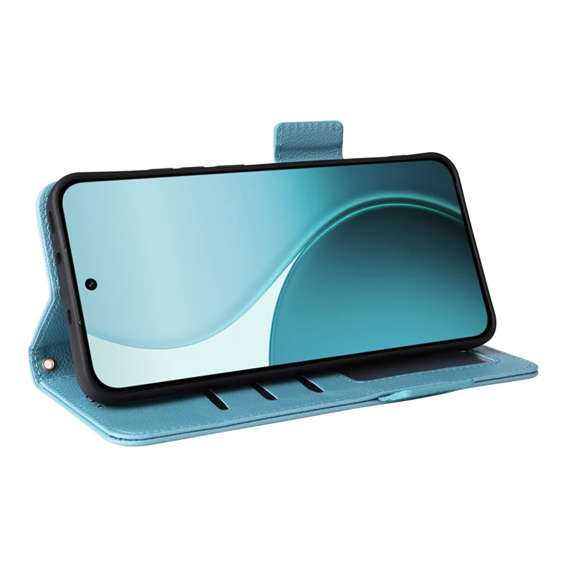 Für Oppo Reno14 5G (Global) Hülle mit Handgelenkriemen Litchi-Textur PU-Leder Brieftasche Handyhülle - Baby Blau