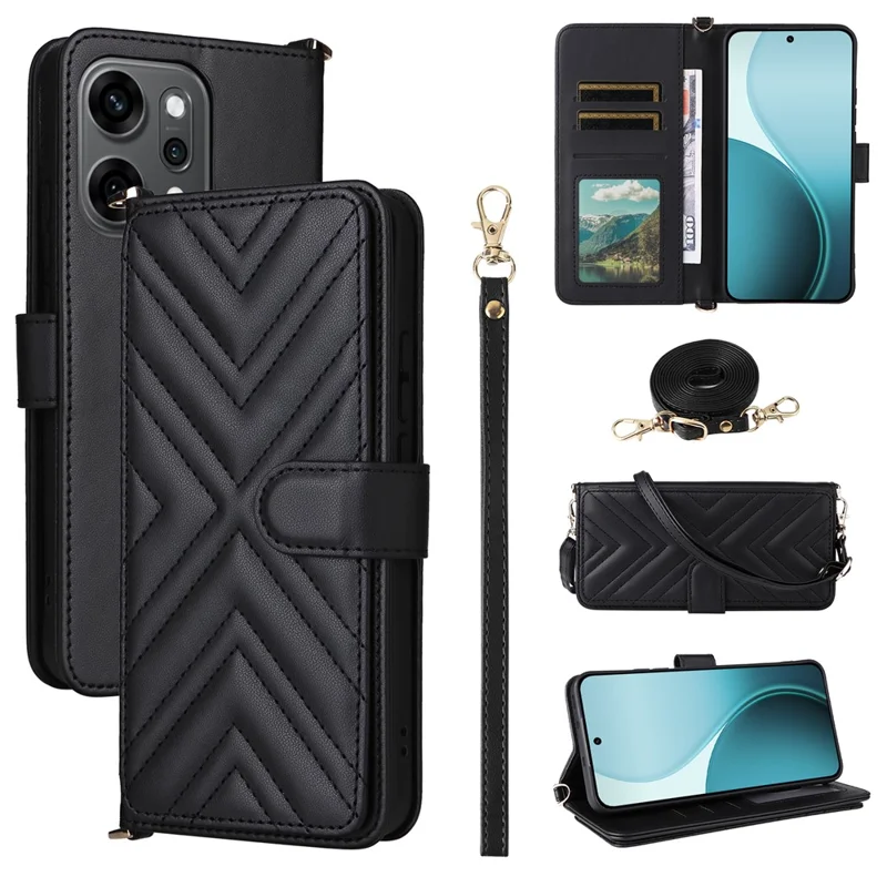 For Oppo Reno14 Pro 5G (Global) Case with Shoulder / Wrist Strap Leather Phone Cover Stand Wallet - Black