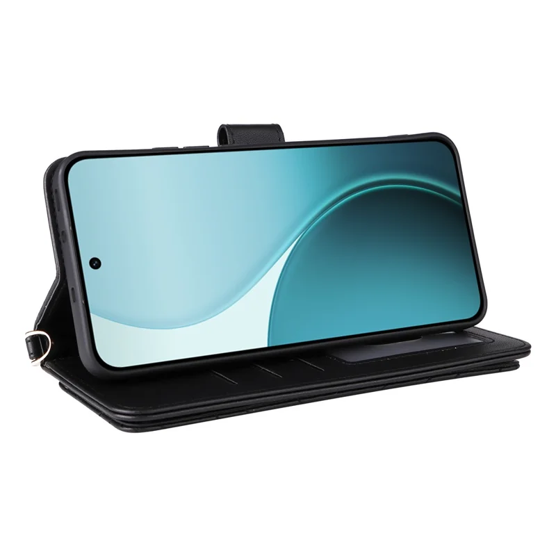 For Oppo Reno14 Pro 5G (Global) Case with Shoulder / Wrist Strap Leather Phone Cover Stand Wallet - Black