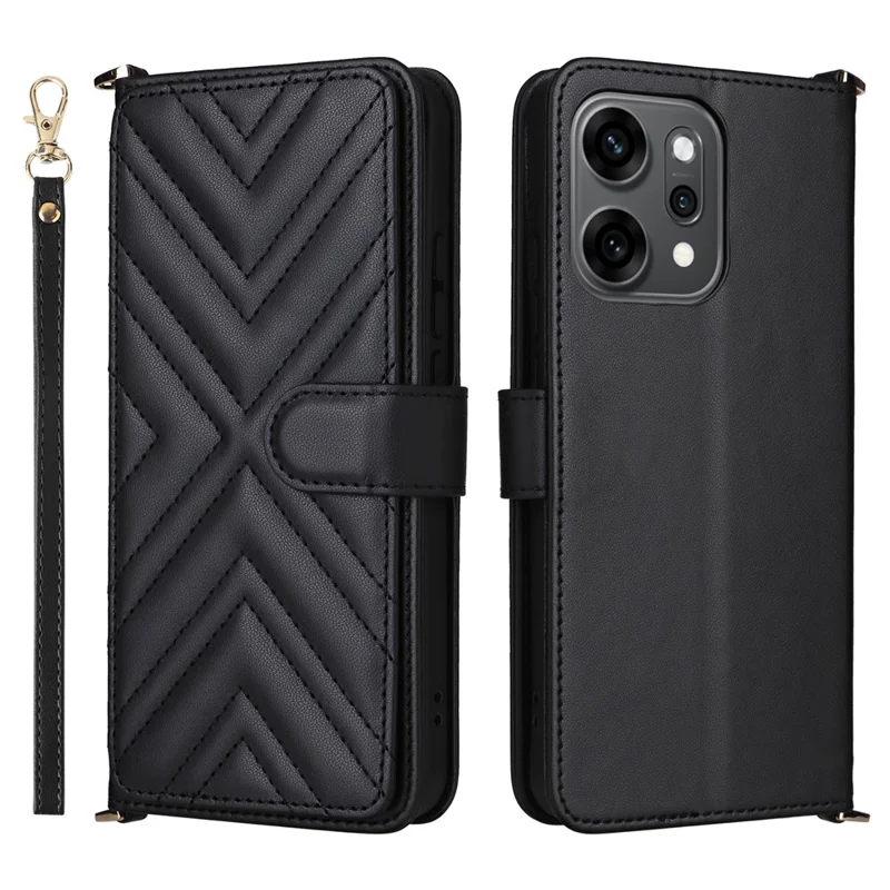 For Oppo Reno14 Pro 5G (Global) Case with Shoulder / Wrist Strap Leather Phone Cover Stand Wallet - Black