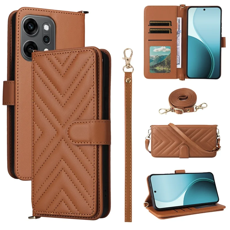 Funda con Correa para Hombro/Muñeca para Oppo Reno14 Pro 5G (Global) - Cubierta de Cuero para Teléfono con Soporte y Cartera - Marrón