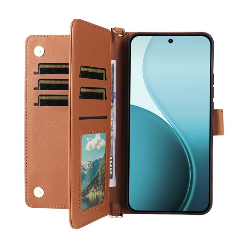 Funda con Correa para Hombro/Muñeca para Oppo Reno14 Pro 5G (Global) - Cubierta de Cuero para Teléfono con Soporte y Cartera - Marrón