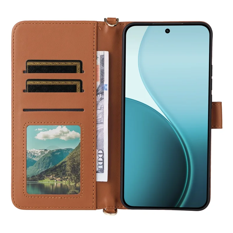 Funda con Correa para Hombro/Muñeca para Oppo Reno14 Pro 5G (Global) - Cubierta de Cuero para Teléfono con Soporte y Cartera - Marrón
