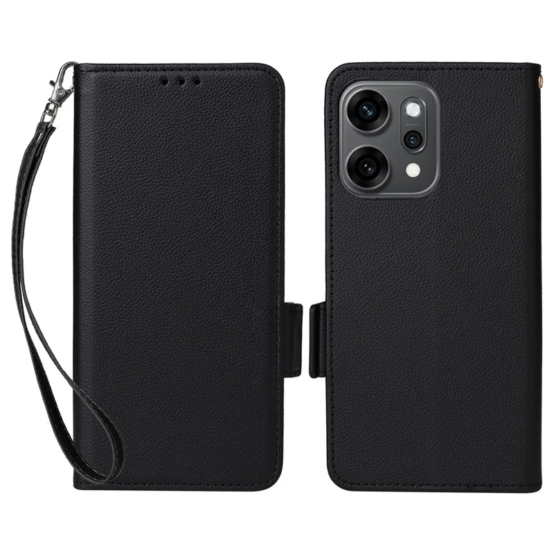 For Oppo Reno14 Pro 5G (Global) Case with Wrist Strap Litchi Texture PU Leather Wallet Phone Cover - Black