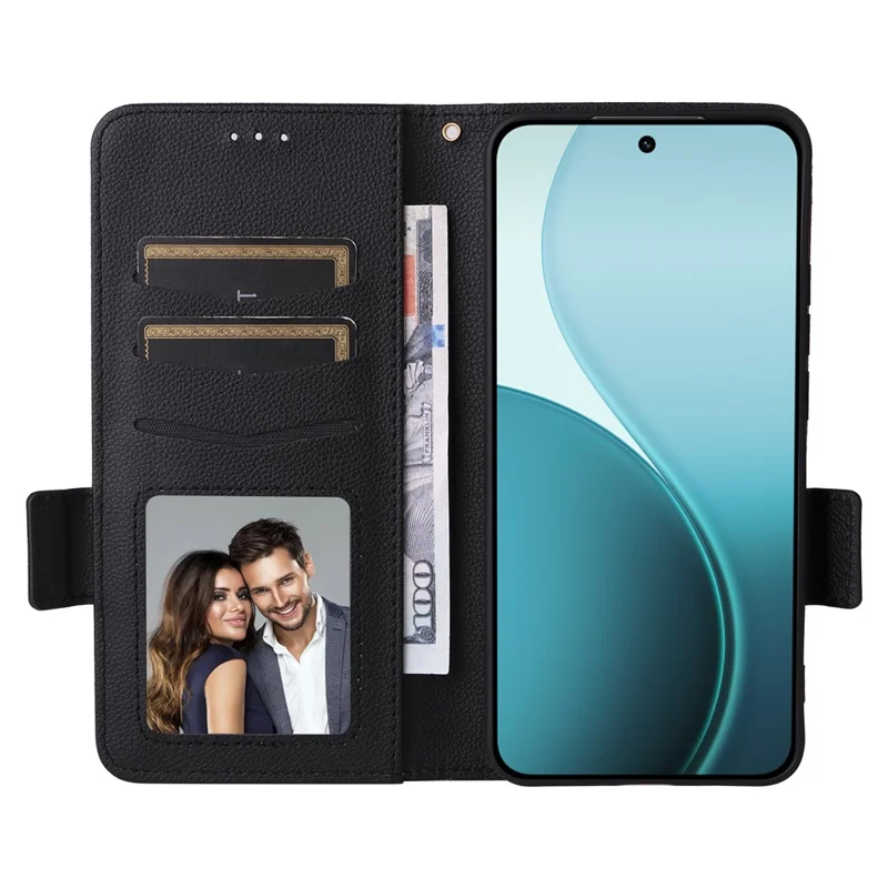 For Oppo Reno14 Pro 5G (Global) Case with Wrist Strap Litchi Texture PU Leather Wallet Phone Cover - Black