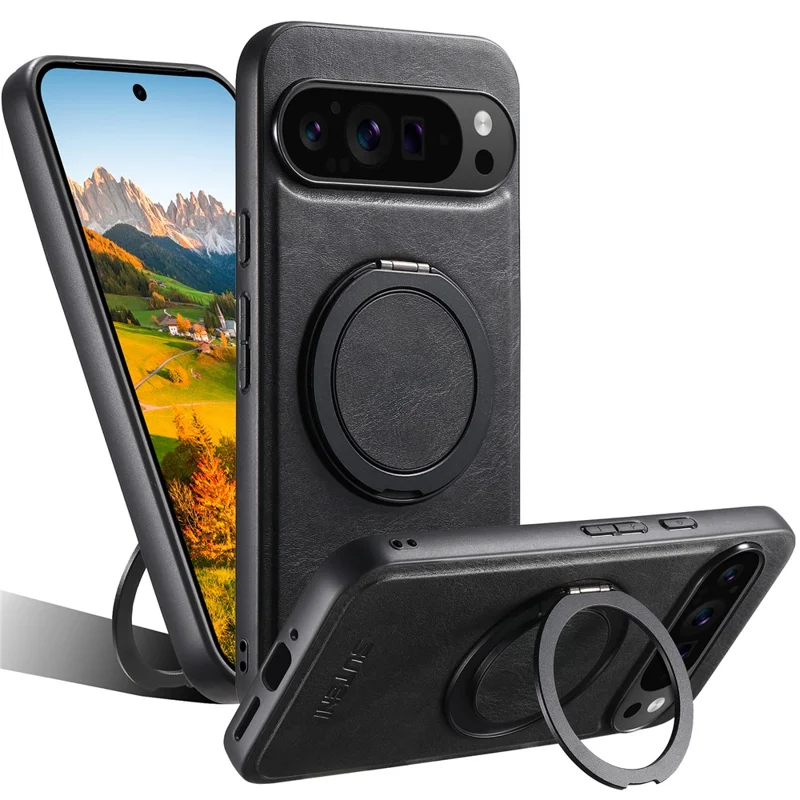SUTENI G3 For Google Pixel 10 / 10 Pro Magnetic Case Waxy Texture Rotating Kickstand Leather Phone Back Cover - Black