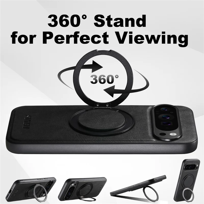 SUTENI G3 For Google Pixel 10 / 10 Pro Magnetic Case Waxy Texture Rotating Kickstand Leather Phone Back Cover - Black