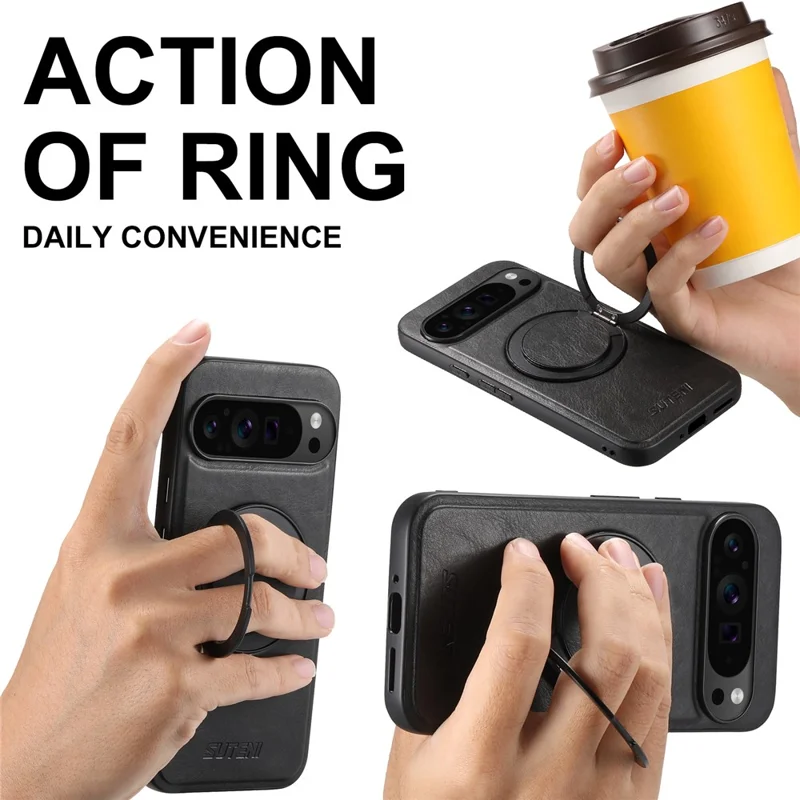 SUTENI G3 For Google Pixel 10 / 10 Pro Magnetic Case Waxy Texture Rotating Kickstand Leather Phone Back Cover - Black