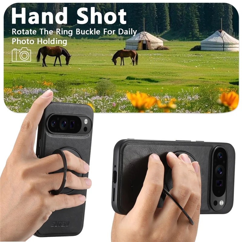 SUTENI G3 For Google Pixel 10 / 10 Pro Magnetic Case Waxy Texture Rotating Kickstand Leather Phone Back Cover - Black