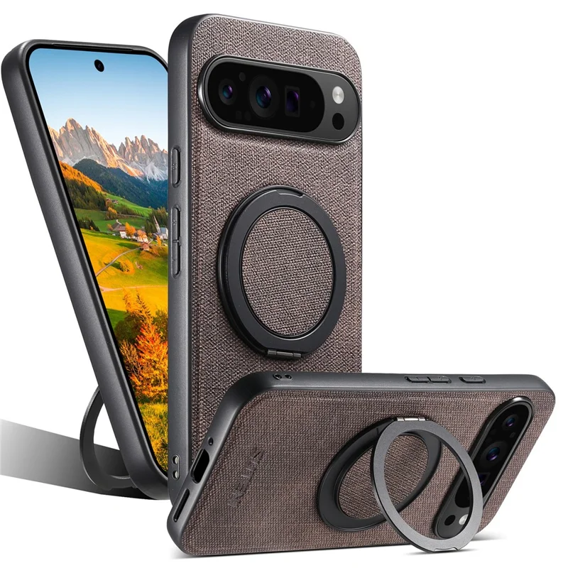 SUTENI G3 For Google Pixel 10 / 10 Pro Magnetic Case Rotating Ring Kickstand Jeans Texture PU TPU Phone Back Cover - Brown