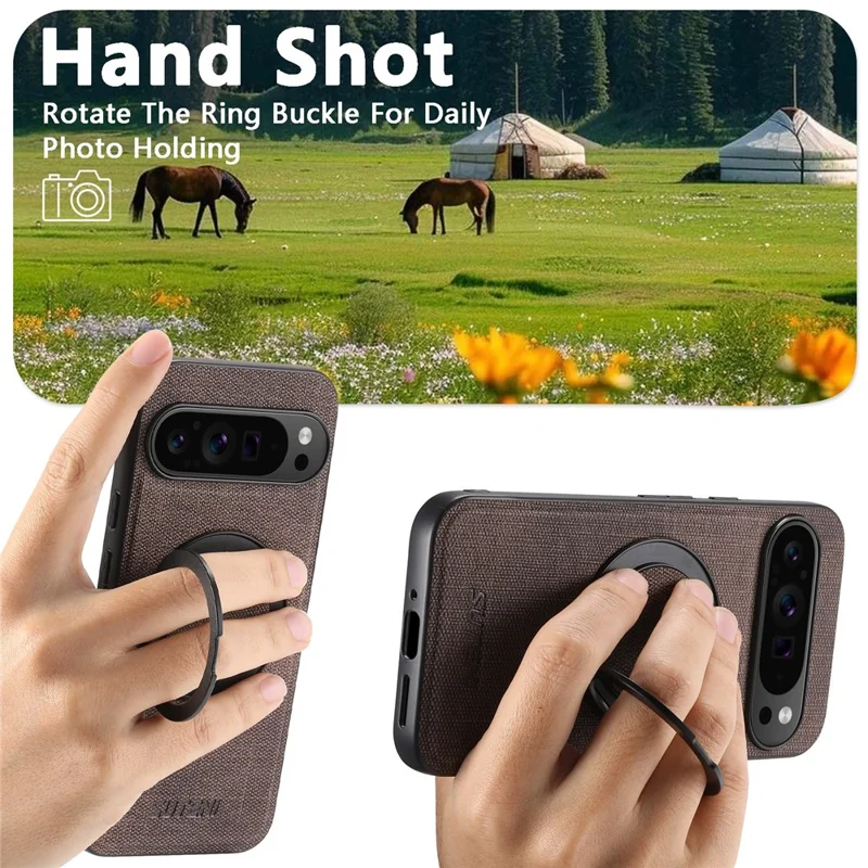SUTENI G3 Magnetische Hülle mit drehbarem Ring und Ständer für Google Pixel 10 Pro XL - Jeansoptik TPU Rückseite - Braun