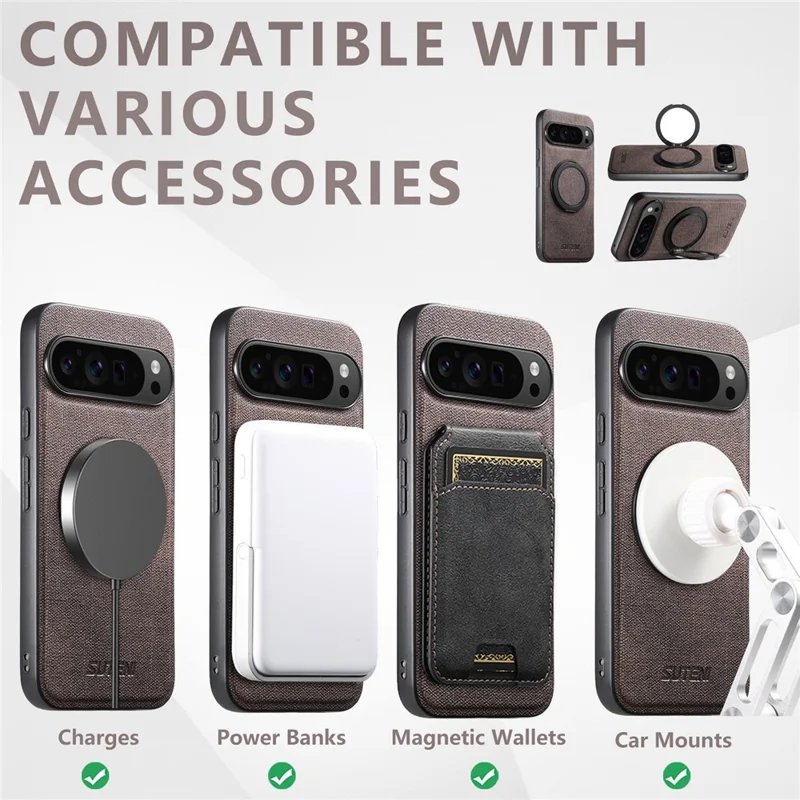 SUTENI G3 Magnetische Hülle mit drehbarem Ring und Ständer für Google Pixel 10 Pro XL - Jeansoptik TPU Rückseite - Braun