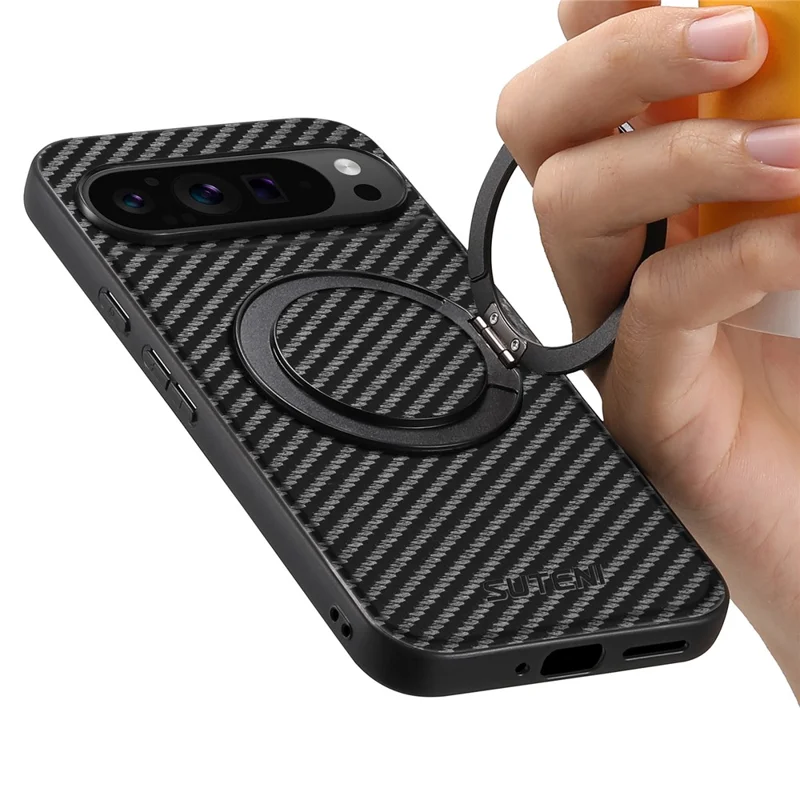 SUTENI G3 For Google Pixel 10 Pro XL Magnetic Case Rotating Kickstand Carbon Fiber Texture Leather Phone Back Cover