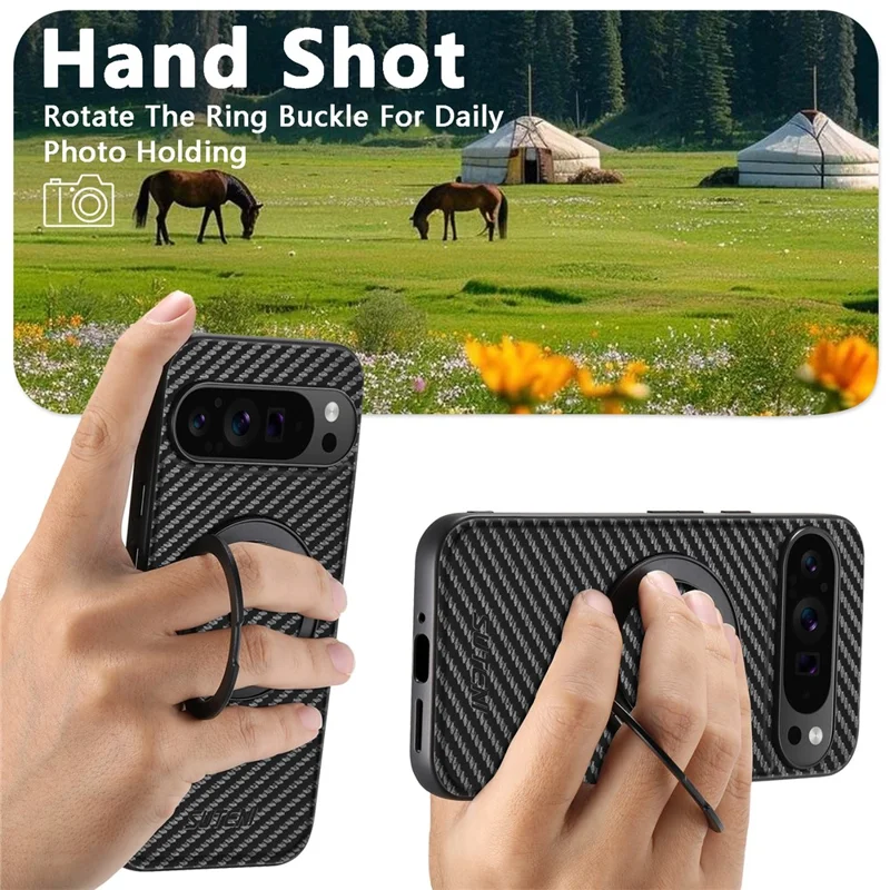 SUTENI G3 For Google Pixel 10 Pro XL Magnetic Case Rotating Kickstand Carbon Fiber Texture Leather Phone Back Cover