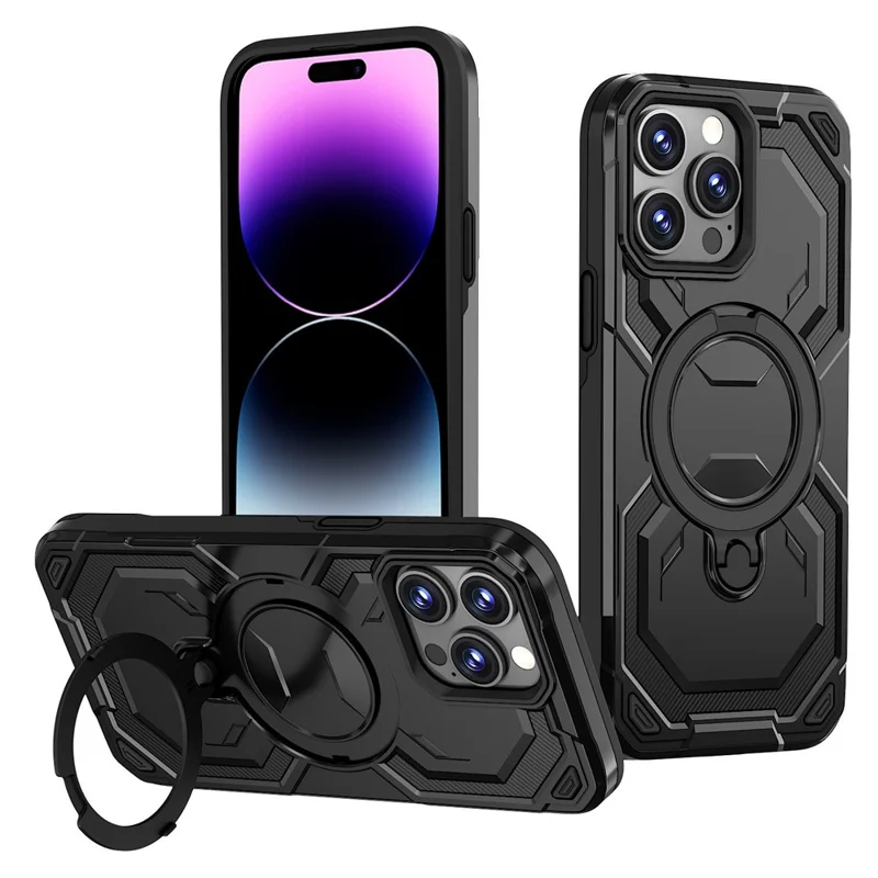 Groothandel voor iPhone 14 Pro Max hoesje met magnetische draaibare standaard PC + TPU telefoonhoes - Zwart