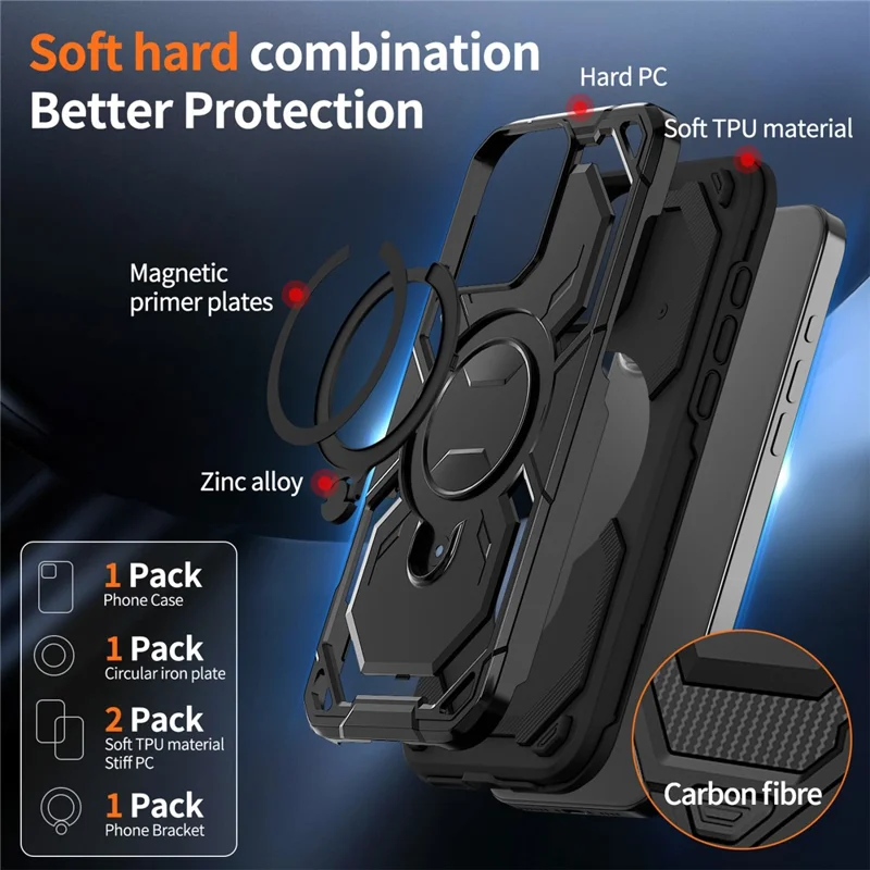 Groothandel voor iPhone 14 Pro Max hoesje met magnetische draaibare standaard PC + TPU telefoonhoes - Zwart