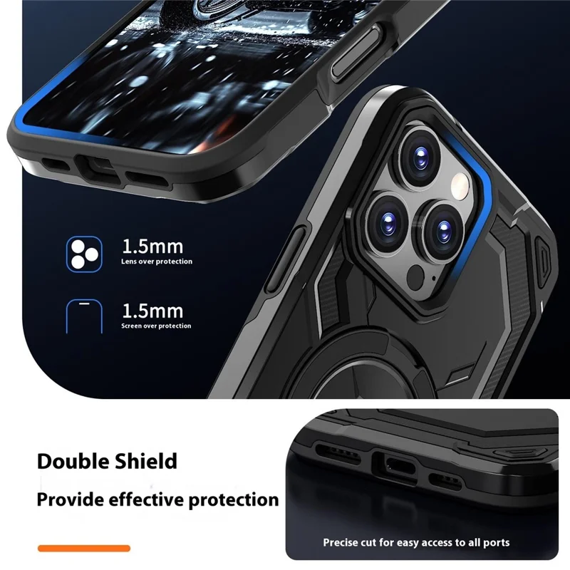 Groothandel voor iPhone 14 Pro Max hoesje met magnetische draaibare standaard PC + TPU telefoonhoes - Zwart