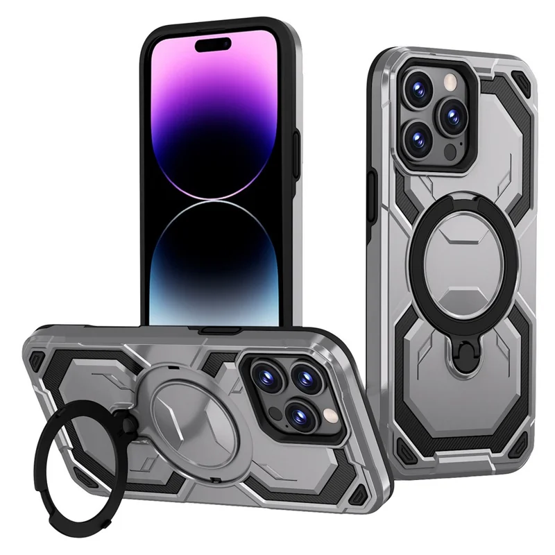 Groothandel voor iPhone 14 Pro hoesje met magnetische draaibare standaard PC + TPU telefoonhoes - Grijs