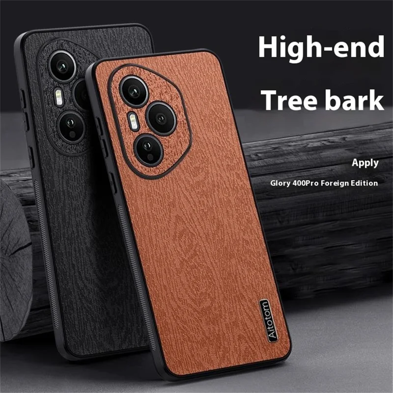 Cover For Honor 400 Pro 5G (Global) con Texture in Legno, Pelle PU Rivestita su PC TPU - Nero