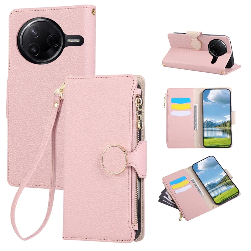 For Xiaomi Poco F7 Pro 5G / Redmi K80 5G Case Zipper Wallet Leather Phone Cover with Wrist Strap - Pink