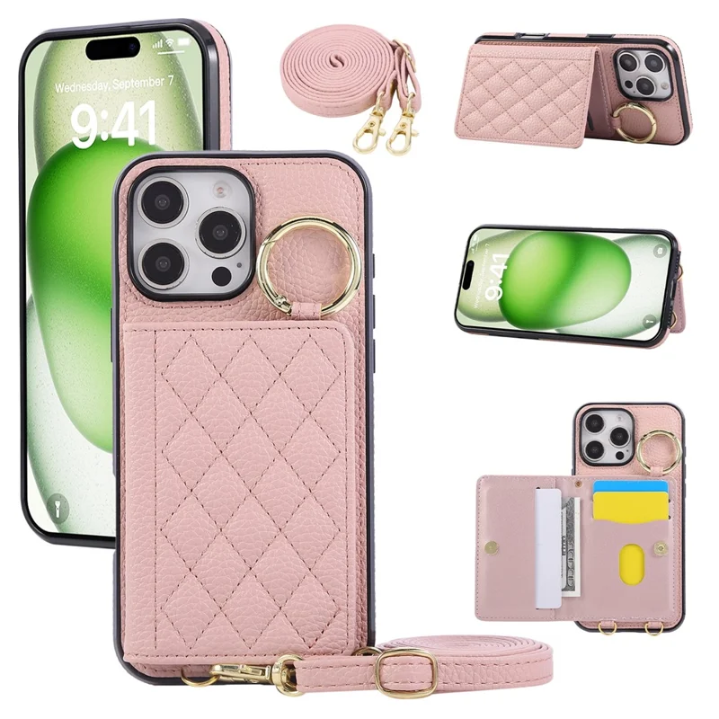 For iPhone 16 Pro Case Kickstand Rhombus Leather + TPU Phone Cover with Shoulder Strap - Pink