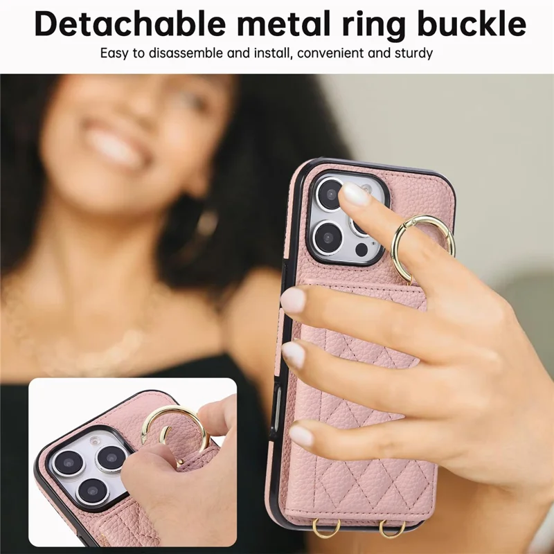 For iPhone 16 Pro Case Kickstand Rhombus Leather + TPU Phone Cover with Shoulder Strap - Pink