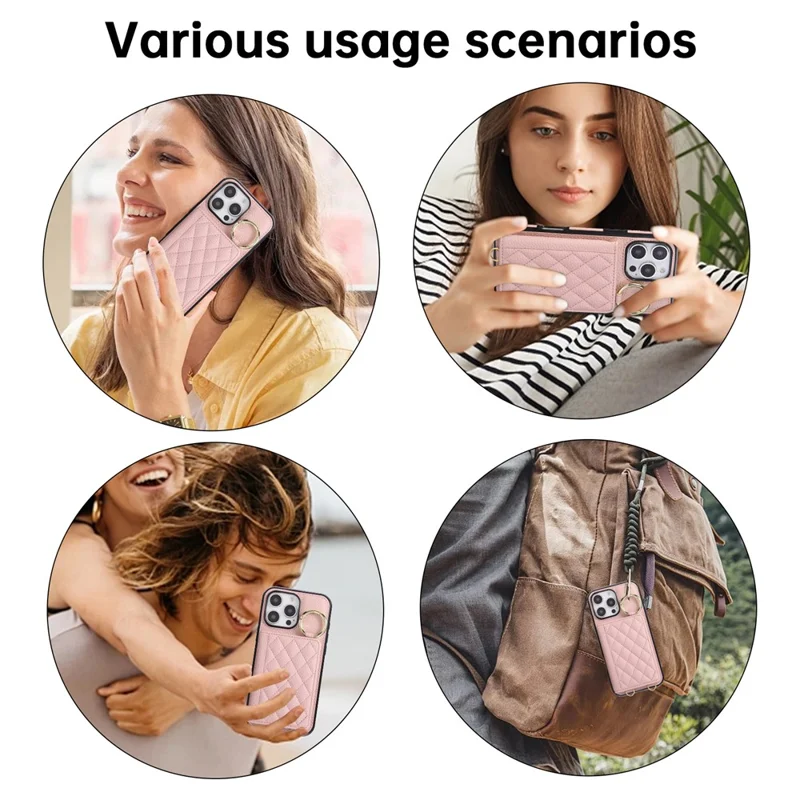 For iPhone 16 Pro Case Kickstand Rhombus Leather + TPU Phone Cover with Shoulder Strap - Pink