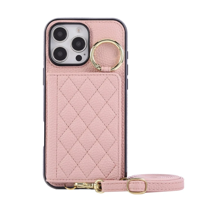 For iPhone 16 Pro Case Kickstand Rhombus Leather + TPU Phone Cover with Shoulder Strap - Pink