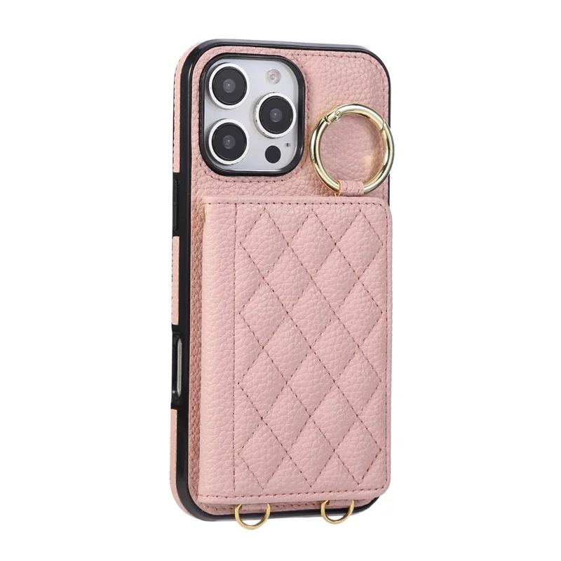 For iPhone 16 Pro Case Kickstand Rhombus Leather + TPU Phone Cover with Shoulder Strap - Pink