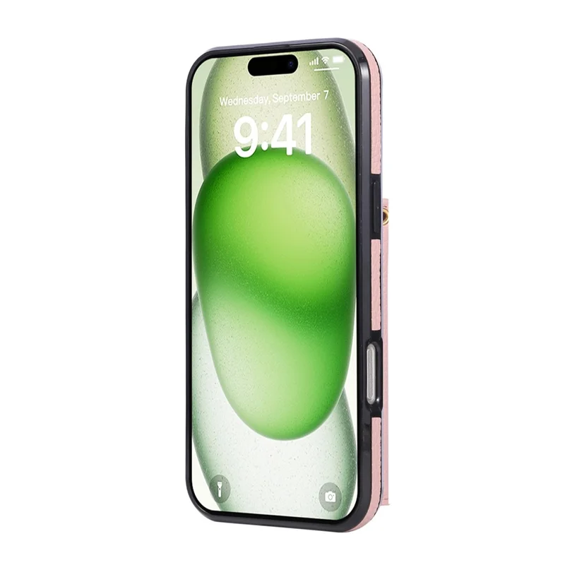 For iPhone 16 Pro Case Kickstand Rhombus Leather + TPU Phone Cover with Shoulder Strap - Pink