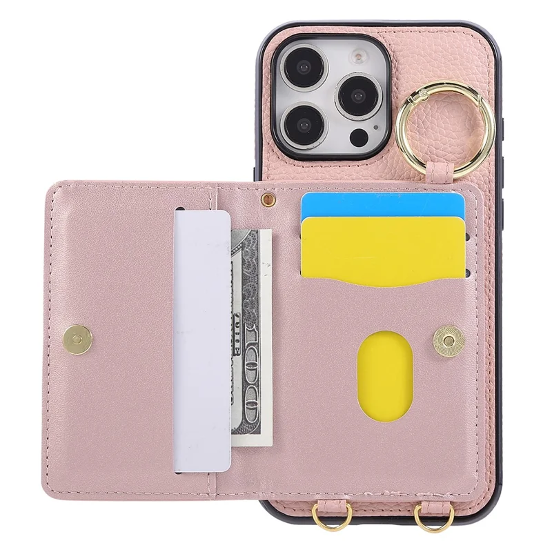 For iPhone 16 Pro Case Kickstand Rhombus Leather + TPU Phone Cover with Shoulder Strap - Pink