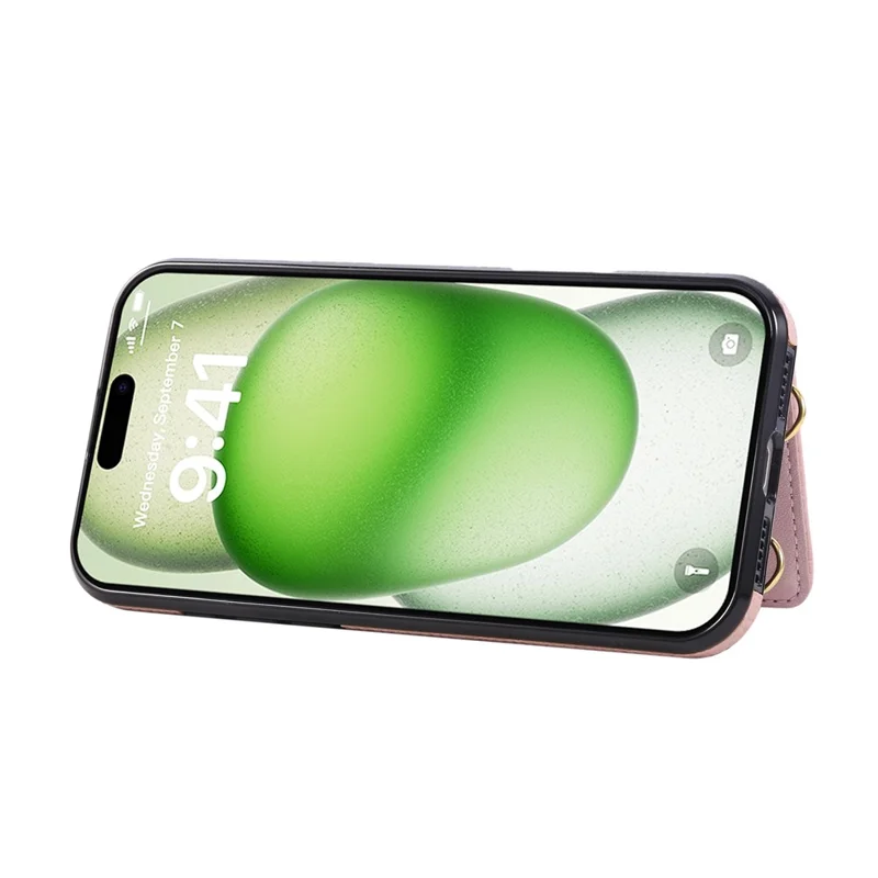 For iPhone 16 Pro Case Kickstand Rhombus Leather + TPU Phone Cover with Shoulder Strap - Pink