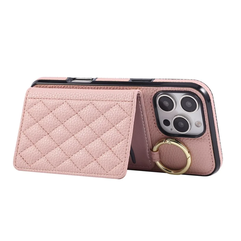 For iPhone 16 Pro Case Kickstand Rhombus Leather + TPU Phone Cover with Shoulder Strap - Pink