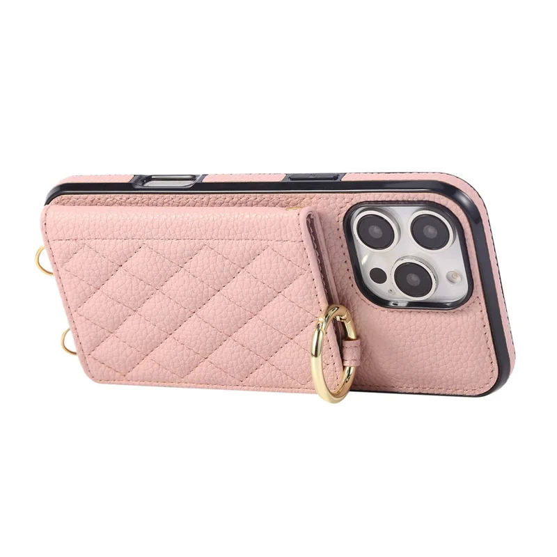 For iPhone 16 Pro Case Kickstand Rhombus Leather + TPU Phone Cover with Shoulder Strap - Pink