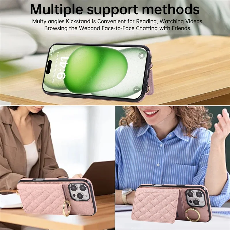 For iPhone 16 Pro Case Kickstand Rhombus Leather + TPU Phone Cover with Shoulder Strap - Pink