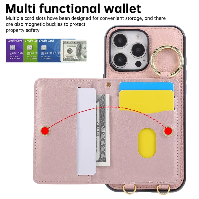 For iPhone 16 Pro Case Kickstand Rhombus Leather + TPU Phone Cover with Shoulder Strap - Pink